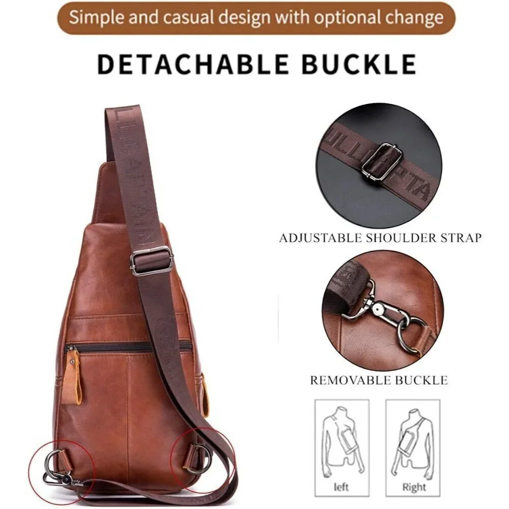 💫 Men Brown Leather Sling Bag Charging Port Multi-pocket Hiking Travel Daypack